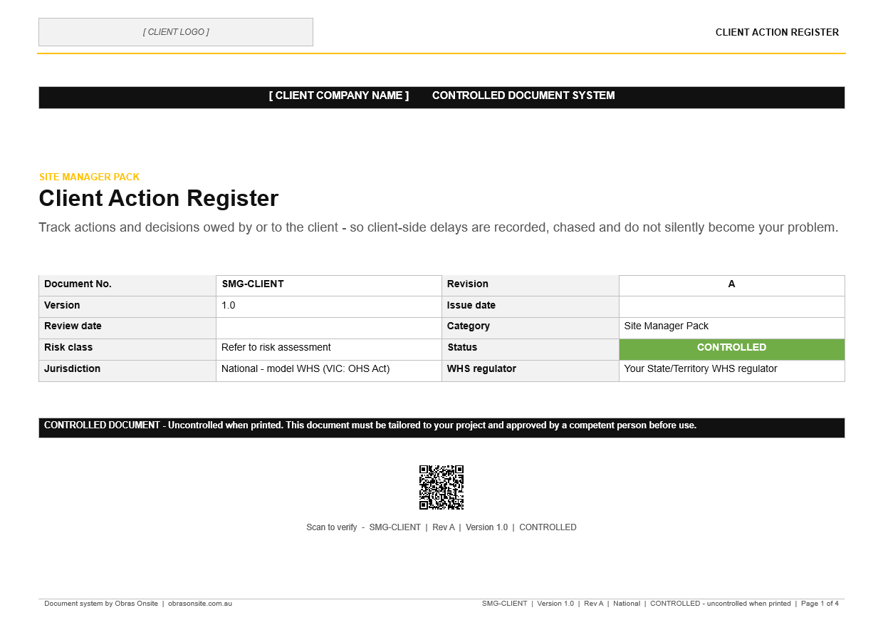 First page of Client Action Register