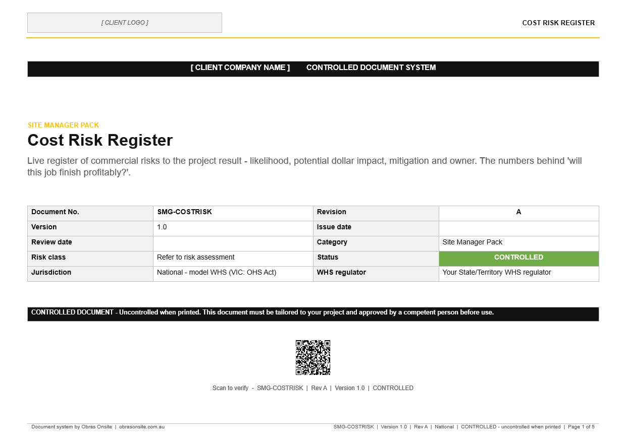First page of Cost Risk Register