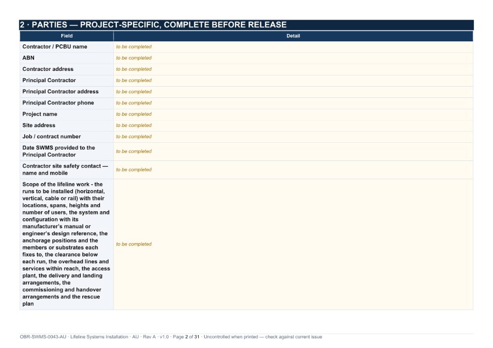 Lifeline Systems Installation SWMS — page 2