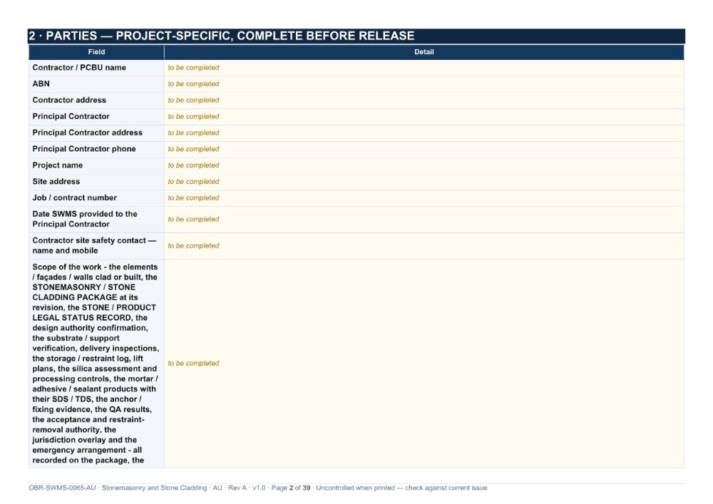 Stonemasonry and Stone Cladding SWMS — page 2