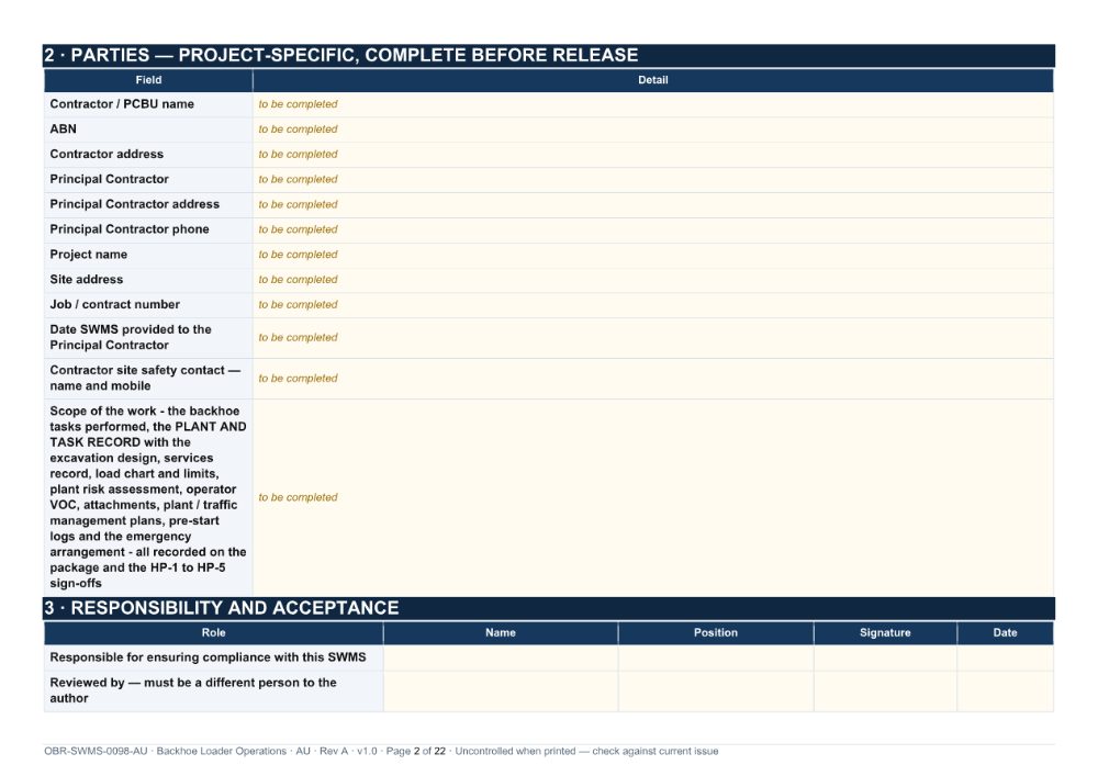 Backhoe Loader Operations SWMS — page 2