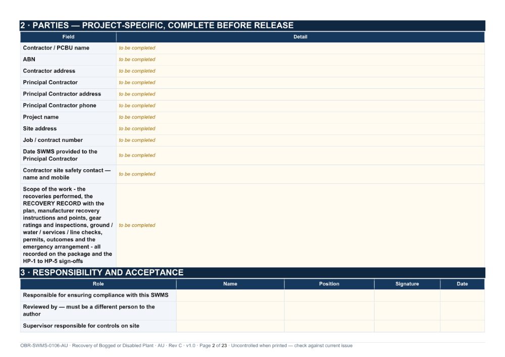 Recovery of Bogged or Disabled Plant SWMS — page 2