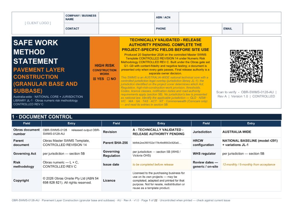 Pavement Layer Construction (granular base and subbase) SWMS — cover page