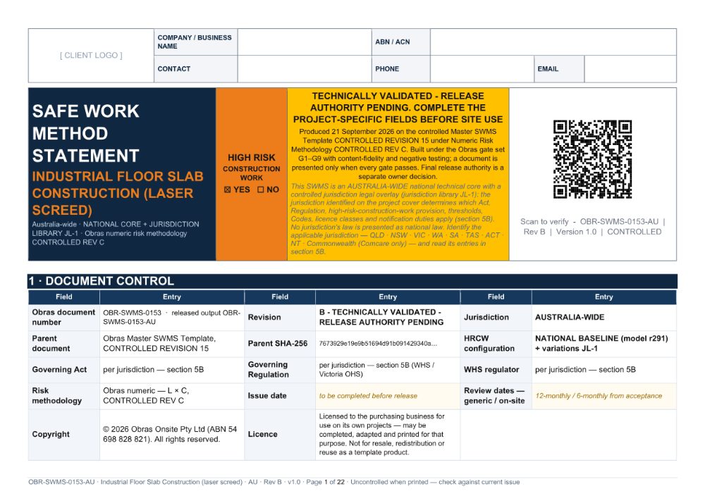 Industrial Floor Slab Construction (laser screed) SWMS — cover page