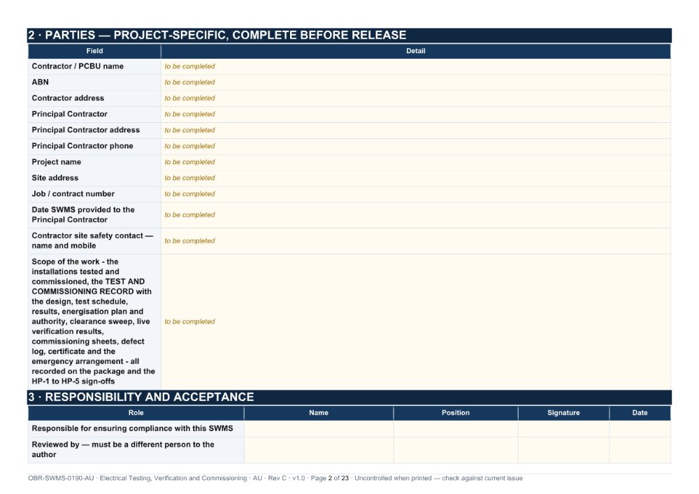 Electrical Testing, Verification and Commissioning SWMS — page 2