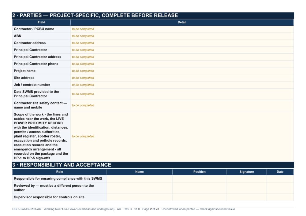 Working Near Live Power (overhead and underground) SWMS — page 2