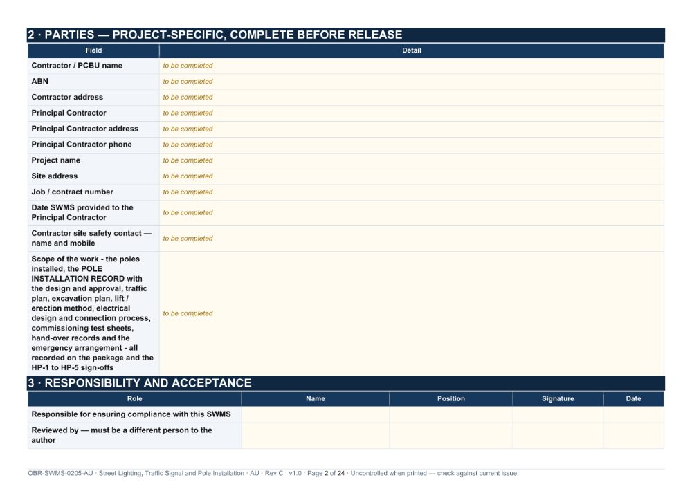 Street Lighting, Traffic Signal and Pole Installation SWMS — page 2