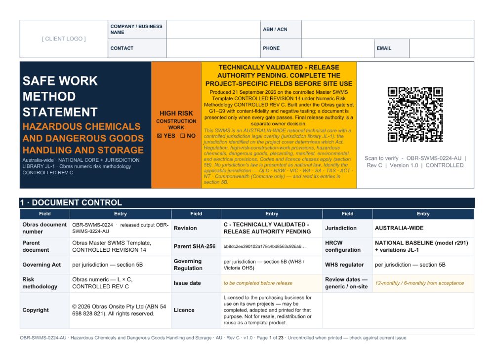 Hazardous Chemicals and Dangerous Goods Handling and Storage SWMS — cover page