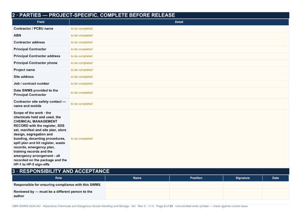 Hazardous Chemicals and Dangerous Goods Handling and Storage SWMS — page 2