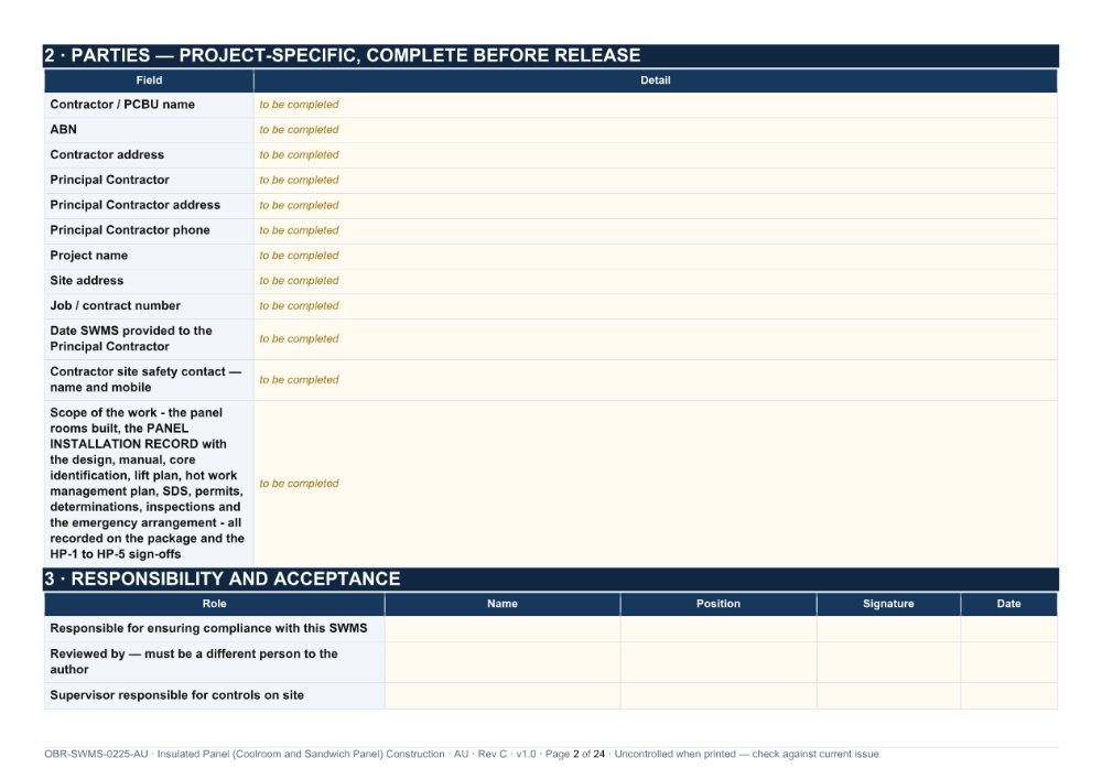Insulated Panel (Coolroom and Sandwich Panel) Construction SWMS — page 2