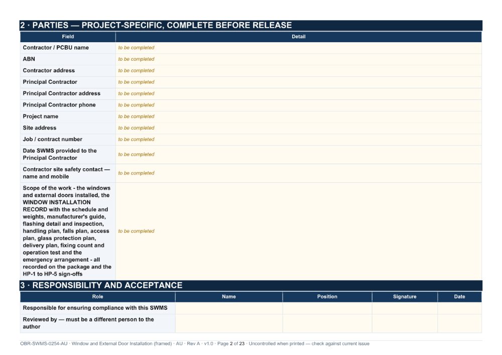 Window and External Door Installation (framed) SWMS — page 2