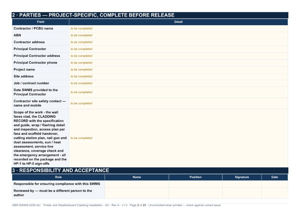 Timber and Weatherboard Cladding Installation SWMS — page 2