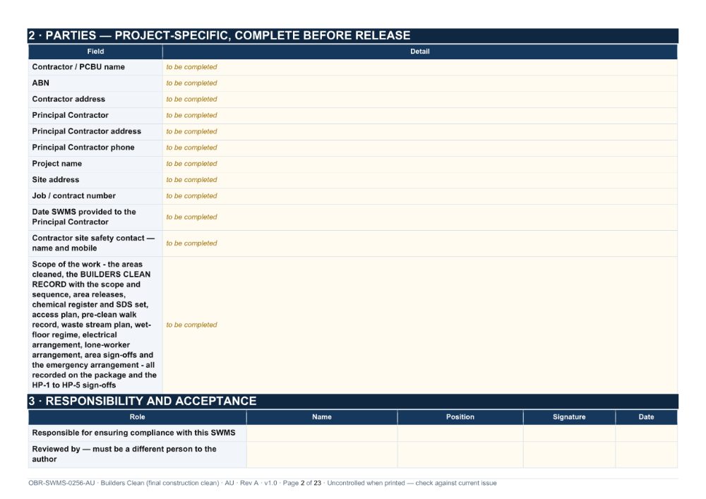 Builders Clean (final construction clean) SWMS — page 2