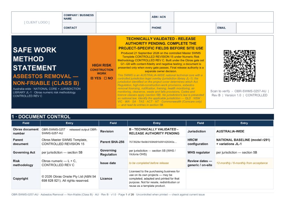 Asbestos Removal — Non-friable (Class B) SWMS — cover page