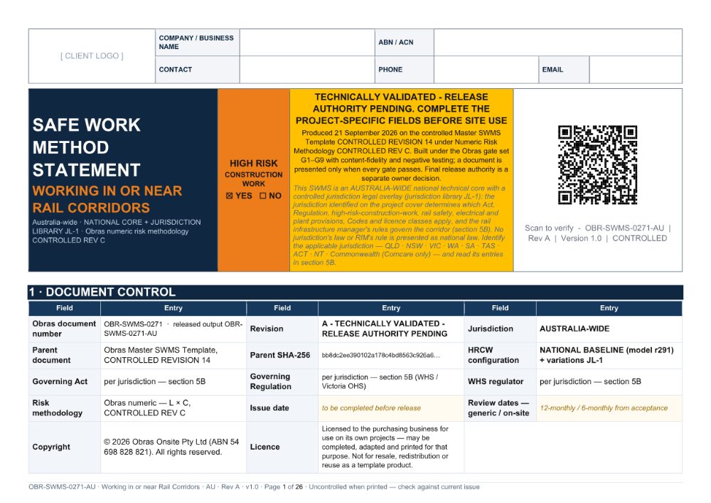 Working in or near Rail Corridors SWMS — cover page