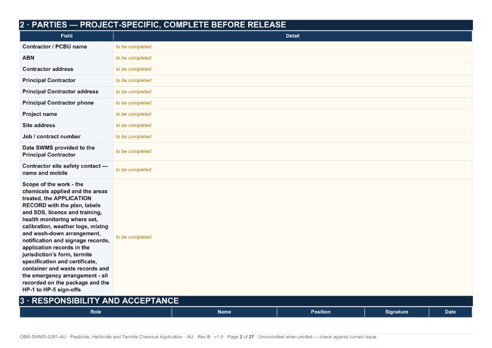 Pesticide, Herbicide and Termite Chemical Application SWMS — page 2