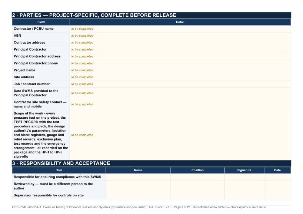 Pressure Testing of Pipework, Vessels and Systems (hydrostatic and pneumatic) SWMS — page 2